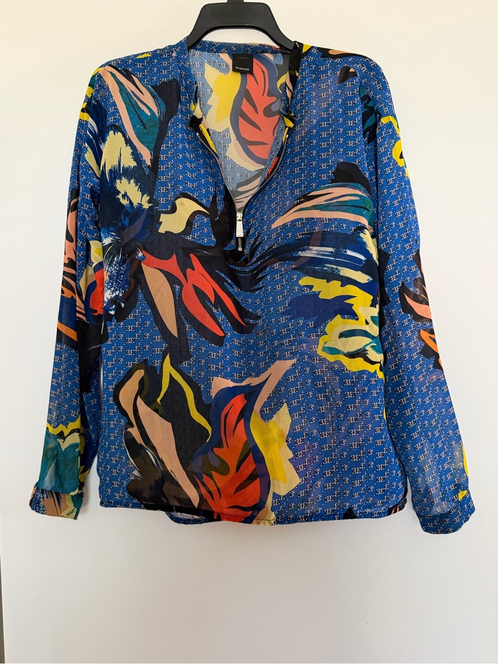PINKO Trombettista Geometric Abstract Floral Half Zip Blouse Georgette US 6